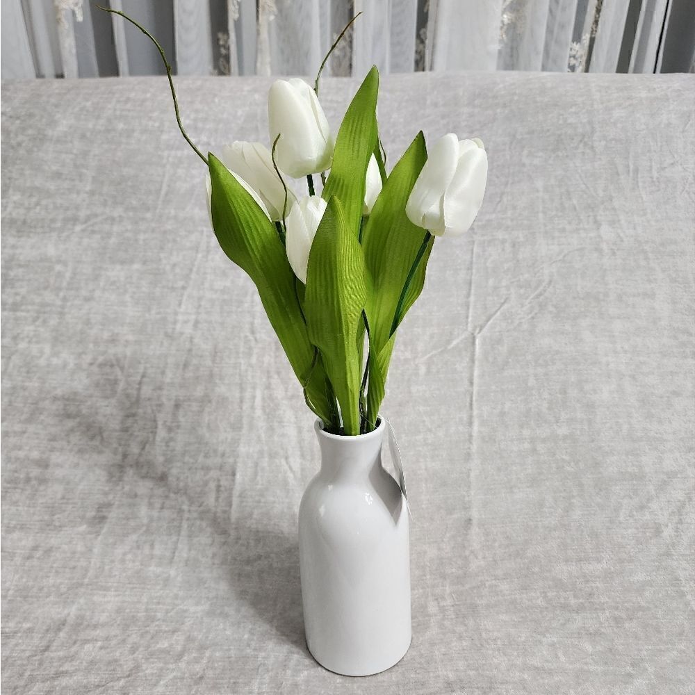 New White Real Feel Tulip Arrangement in Ceramic Vase, 16"